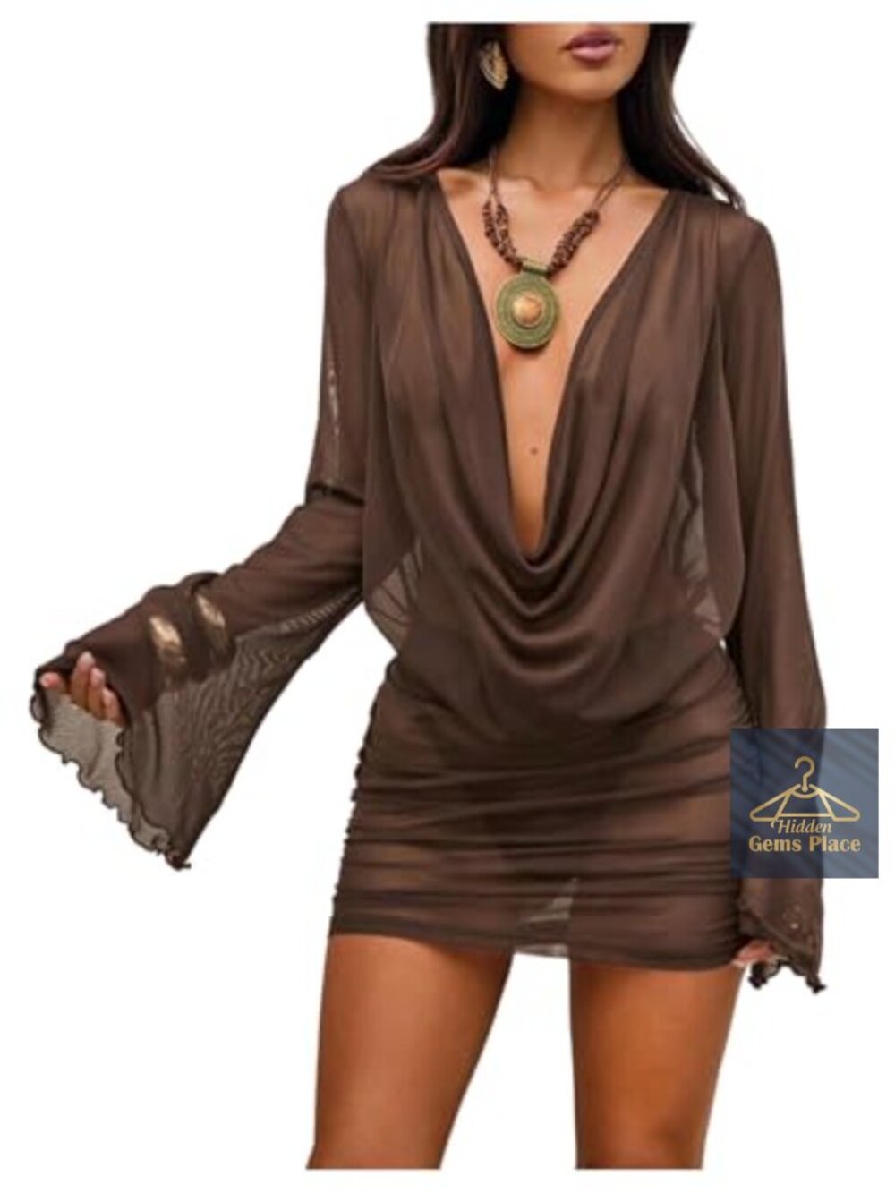 Sheer Mesh Mini Dress Swim Cover Up Cowl Neck Long Flare Sleeve